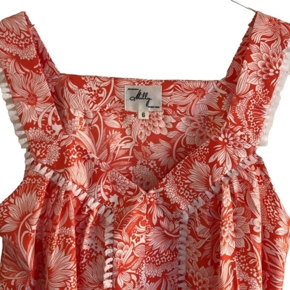 Milly Of New York Silk V-neck Fringe Trim Orange Floral Sleeveless Tank Size 6 - Picture 3 of 14